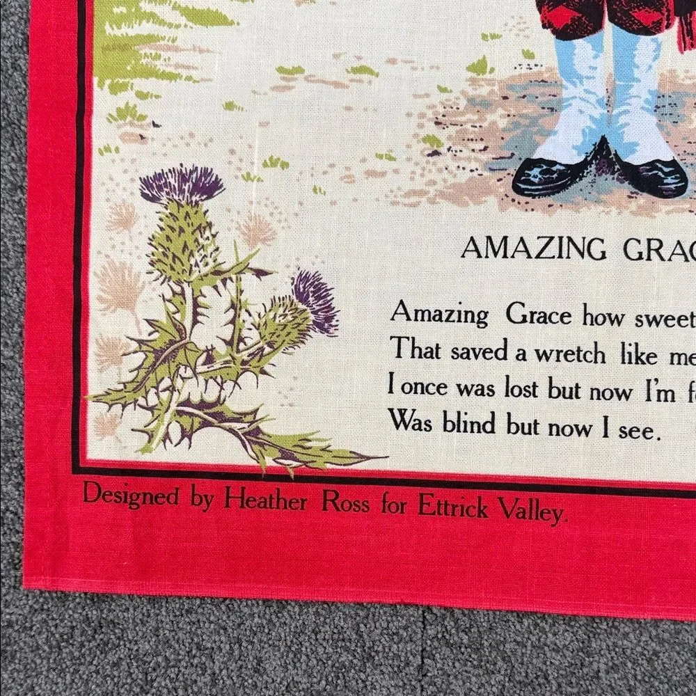 Scotland Tea Towel Wall Hanging Red Black Cotton Bagpipes Amazing Grace Kilt